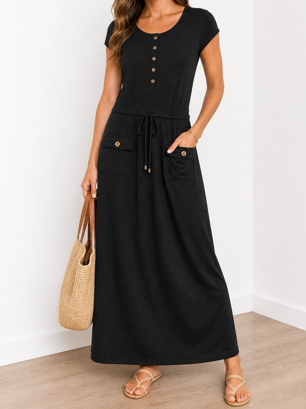 Premise Black Short-Sleeve Maxi Dress with Button Placket
